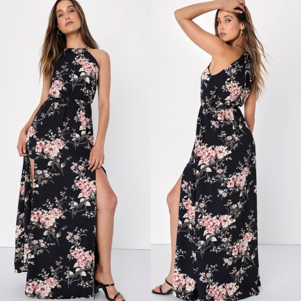 Lulus Black Floral Long Maxi Dress Sz XS
